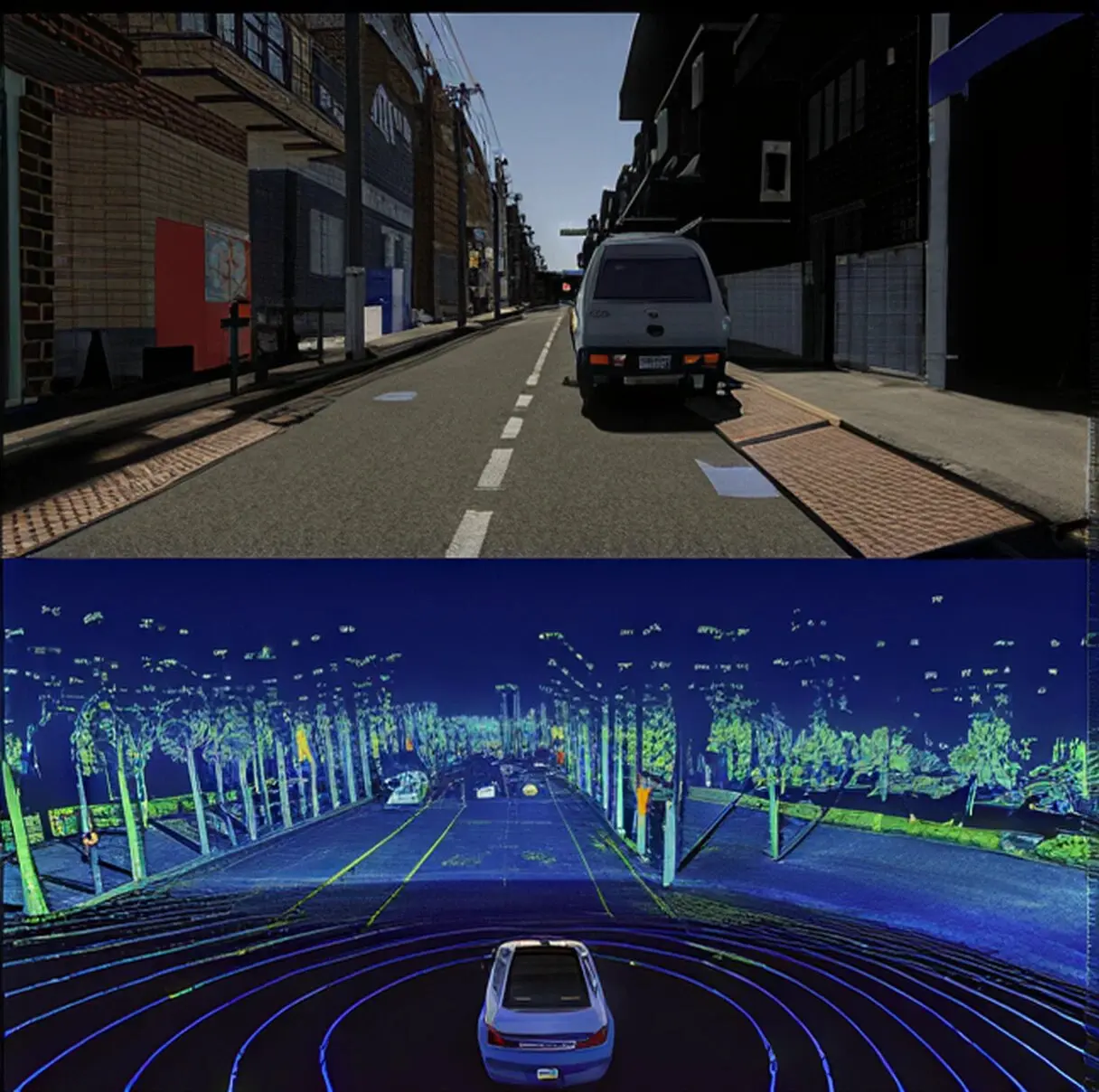 도로 주행 장면과 같은 구간을 담은 LiDAR 포인트 클라우드