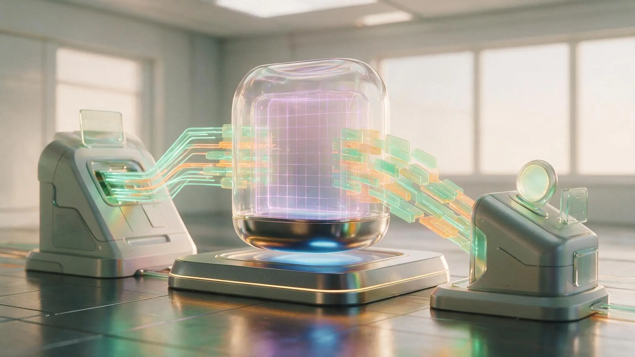 데이터셋을 담은 투명 큐브를 로봇 팔이 다루는 3D 렌더